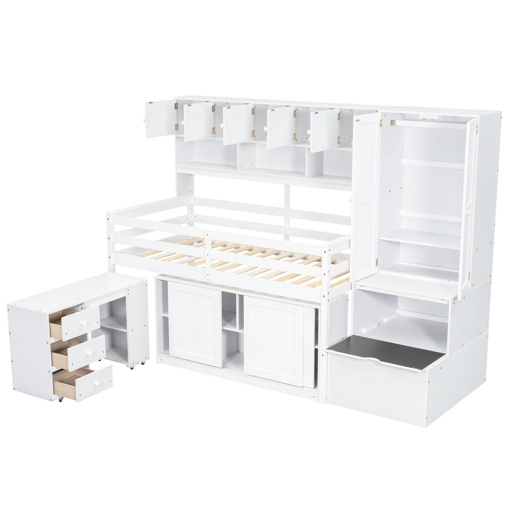 Twin Size Wooden Loft Bed Big Storage with Under-bed Desk, with Drawers, with Shelves, White