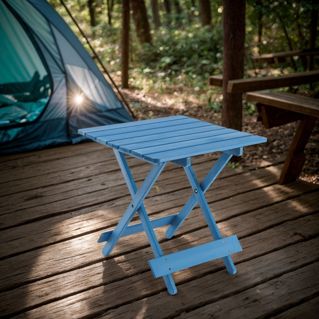 Folding Square Table Patio Outdoor solid wood Table for Backyard, Balcony, Portable Design Space-Saving Blue Color