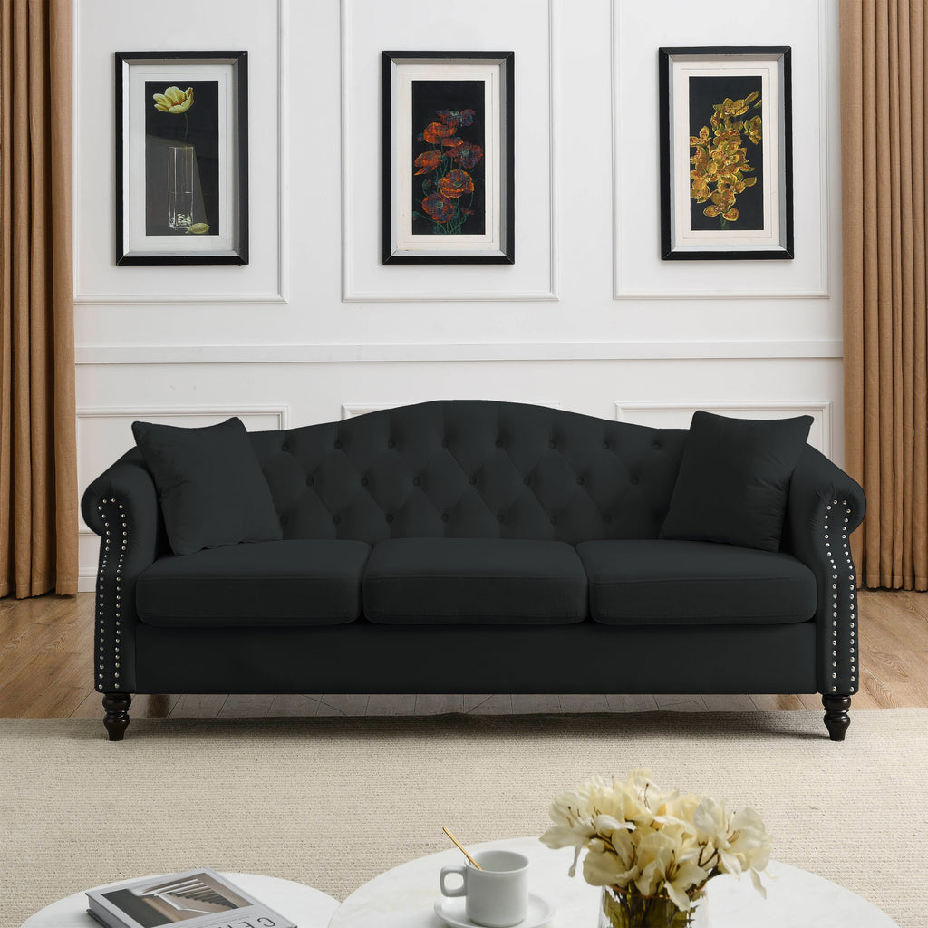 [Video] 79' Chesterfield Sofa Black Velvet for Living Room, 3 Seater Sofa Tufted Couch with Rolled Arms and Nailhead for Living Room, Bedroom, Office, Apartment, 3S+3S