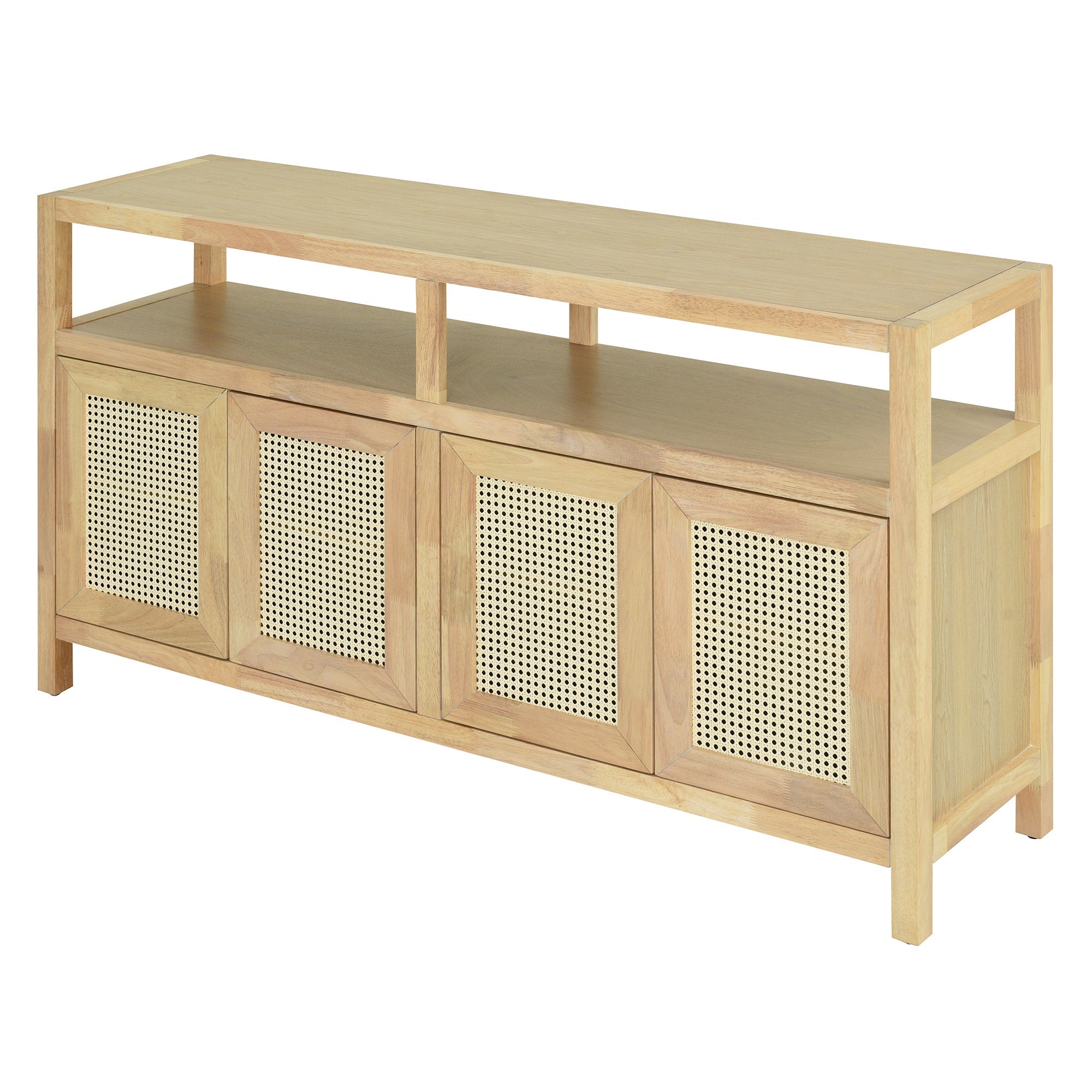 TREXM Bohemian Style Rattan Buffet Storage Cabinet with Solid Wood Frame, Sideboard with 3-position Adjustable Shelves for Living & Dining Rooms, No-Handle Push-to-Open Design (Natural)