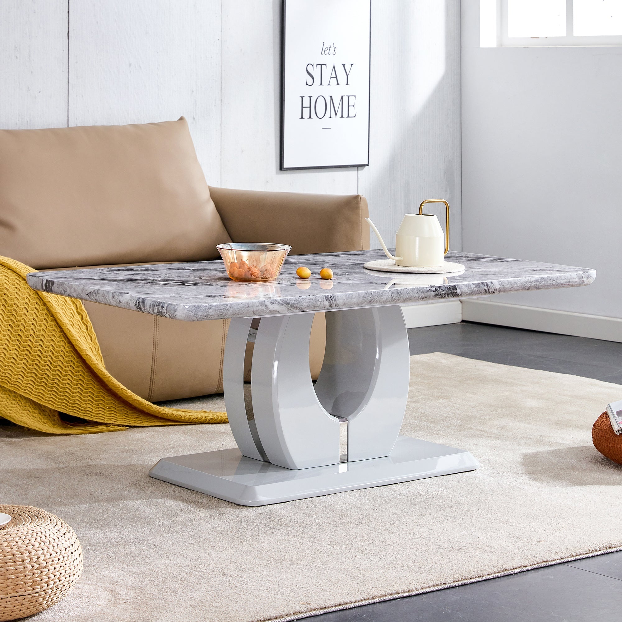 Modern luxury imitation marble light gray tea table,coffee table, paired with silver stainless steel decorative strips.  Computer desk. Game table. CT-1280
