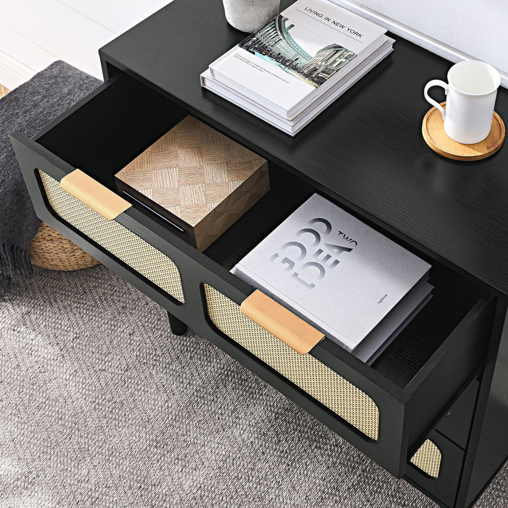 3 drawer dresser, modern rattan dresser cabinet with wide drawers and metal handles, farmhouse wooden storage chest of drawers for room, living room, hallway, entrance, office