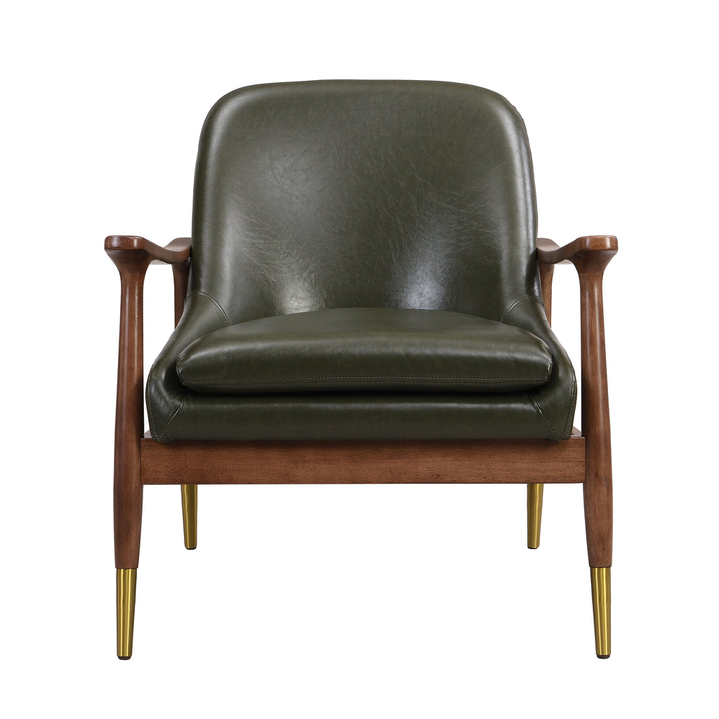 Mid-Century Faux Leather Accent Chair with Cushioned Seat, Solid Wood Frame, Brass-Tipped Legs, Cognac-Brown