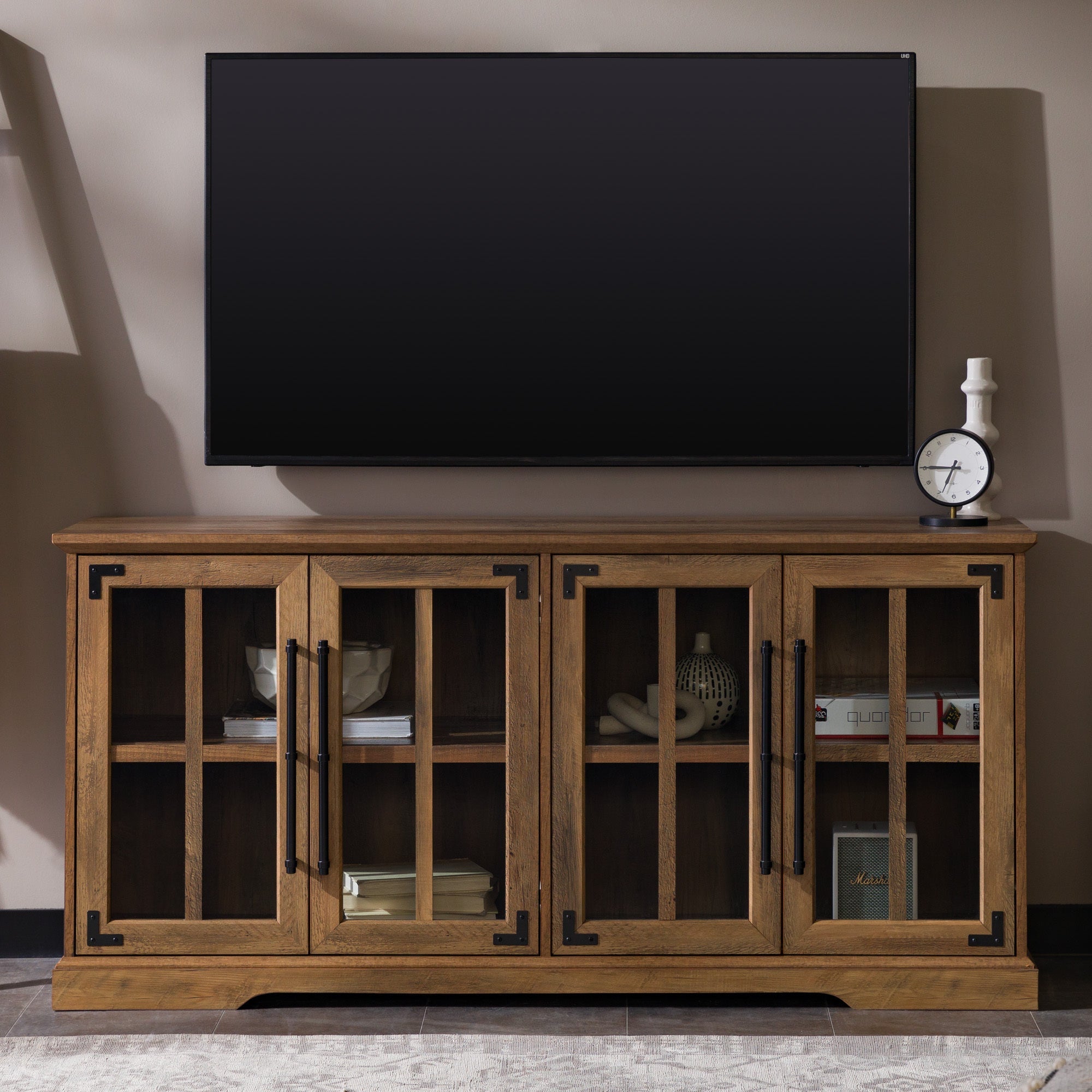 Modern Farmhouse Two-Tone Windowpane Glass-Door TV Stand for TVs up to 65' - Brushed White / Rustic Oak