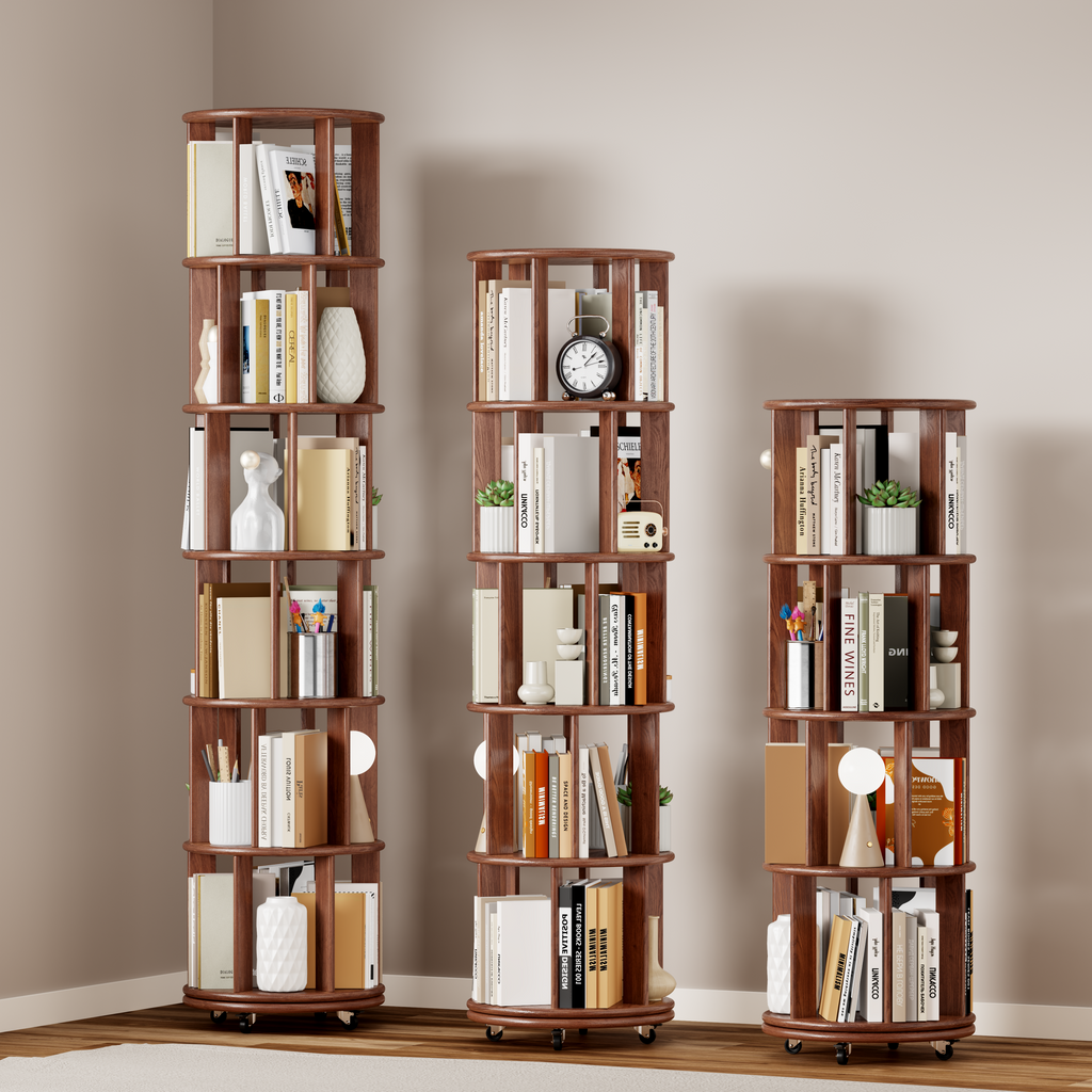 100%Solid Wood Rotating Bookshelf on Wheels, 6 Tier, Round Revolving Bookcase, 360° Spinning Book Shelf Tower for Kids, Narrow Rolling Bookshelves for Small Space, Corner, Bedroom, Office, Walnut