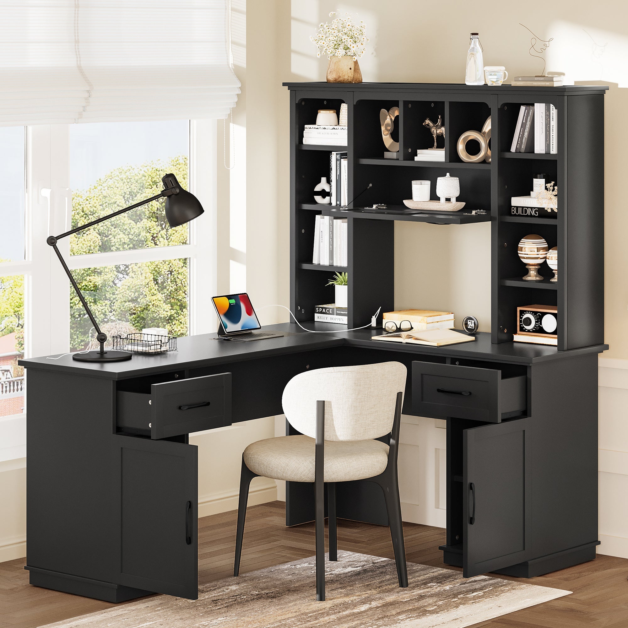 L-shaped computer desk with 2 cabinets and 2 drawers underneath the table, 11 open shelves and a flip-up shelf with storage on the right side, suitable for study, living room and office, Black