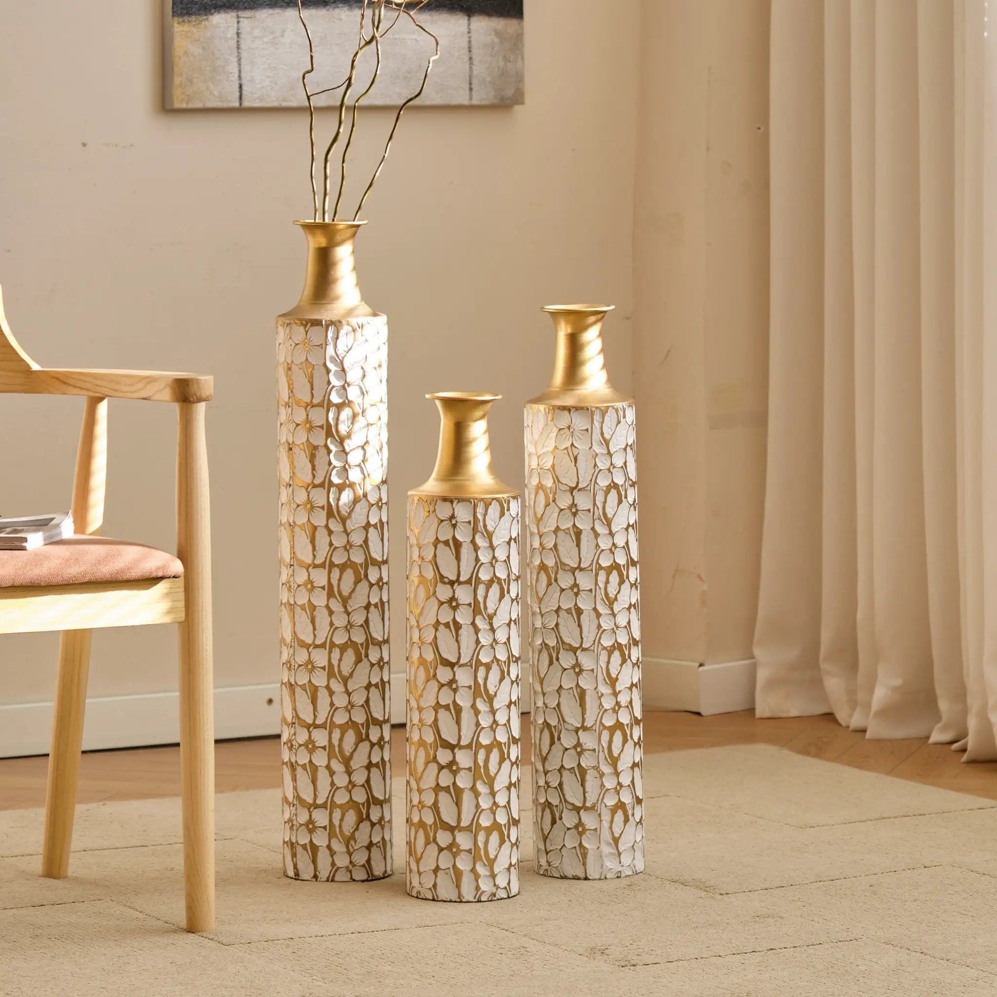 Floor Vases Gold Large Vases - 32/28/24-Inch Decorative High Vases Set of 3 for Home Décor Vintage Large Vases Representing Twigs, Twigs Dried Flowers Living Room Antique Worn Vases