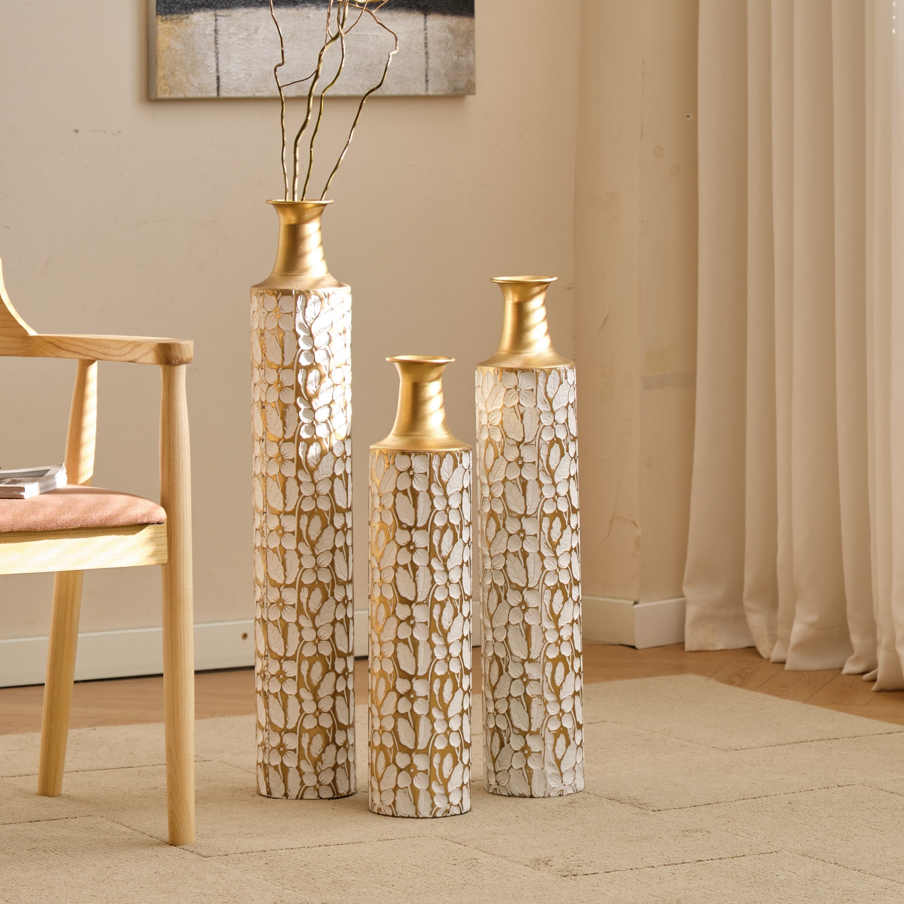 Floor Vases Gold Large Vases - 32/28/24-Inch Decorative High Vases Set of 3 for Home Décor Vintage Large Vases Representing Twigs, Twigs Dried Flowers Living Room Antique Worn Vases
