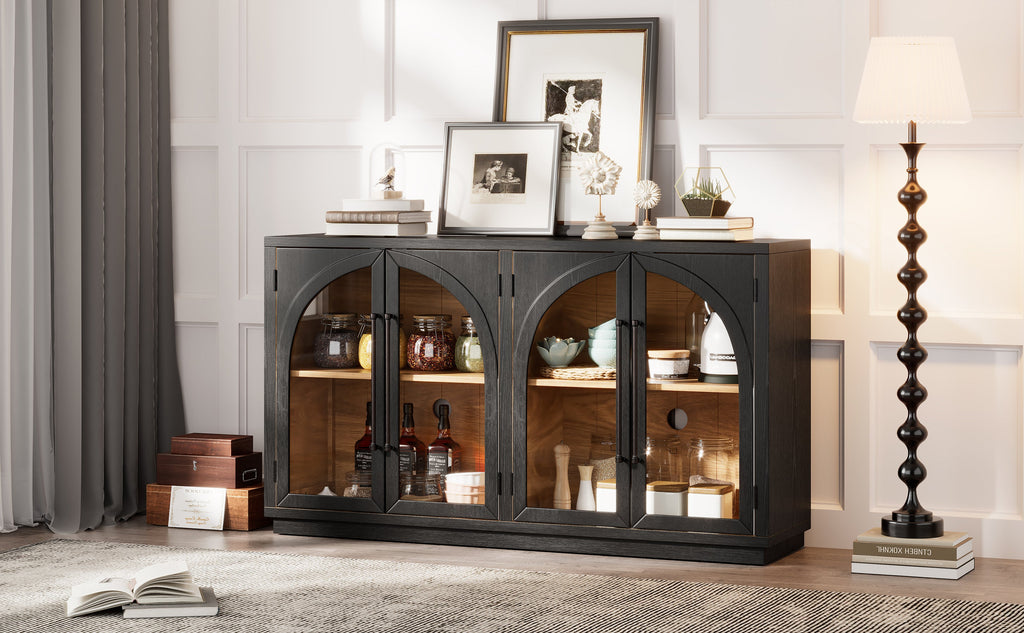 TREXM 4-Door Large Storage Sideboard Buffet Cabinet with Glass Doors, Arched Cabinet with Adjustable Shelves for Kitchen, Dining Room and Living Room (Black)
