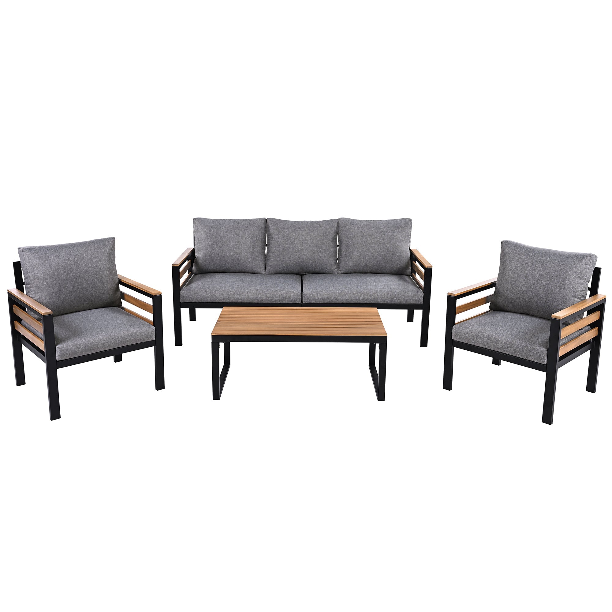GO 4-Piece Outdoor Furniture Sofa Set for 5 People with  Acacia Wood Armrests, Patio Conversation Set with Removable Cushion and Solid Wood Coffee Table  for Garden and Backyard, Grey