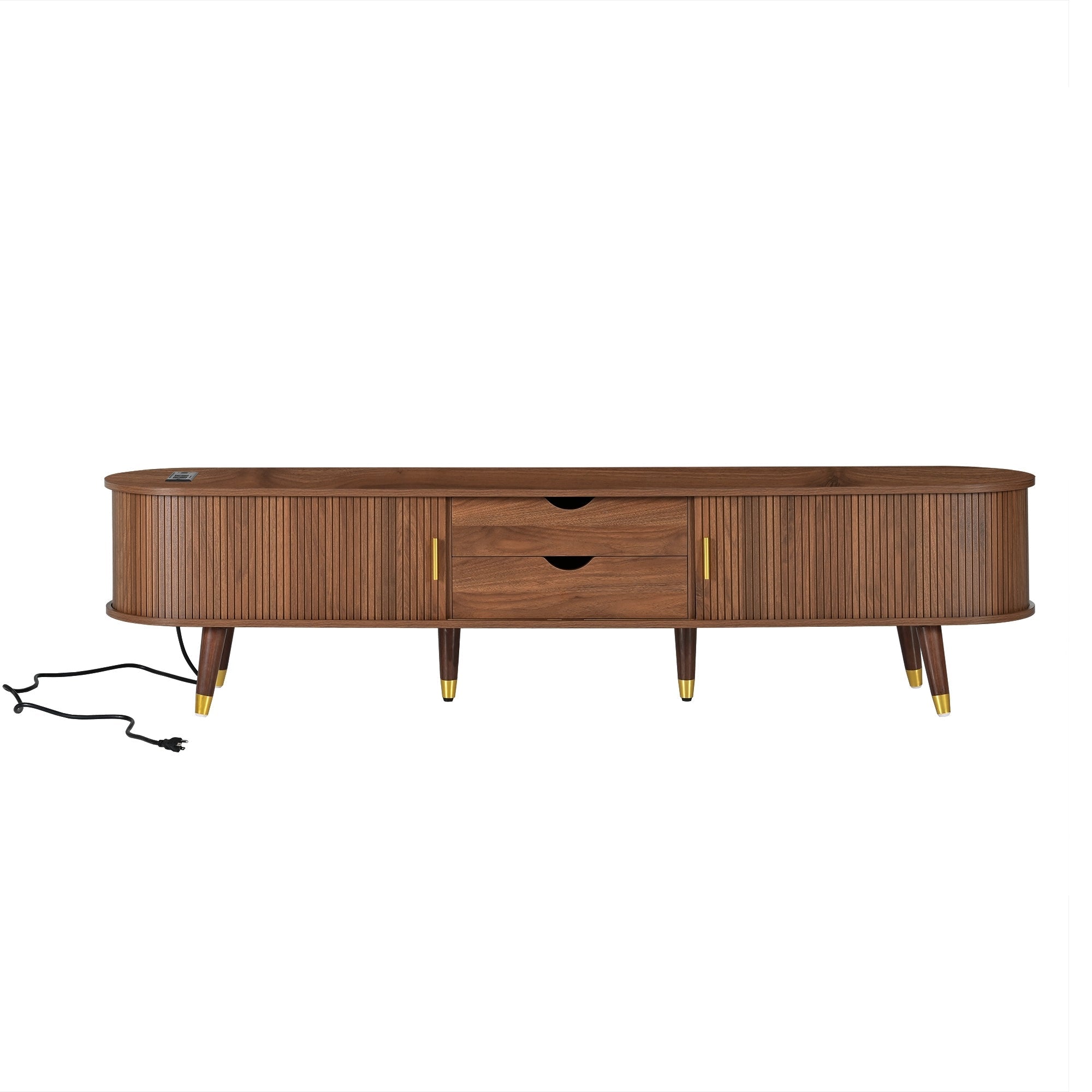 Wooden Farmhouse TV Stand & Coffee Table Set with Charging Station, Oval Fluted Media Console with Sliding Doors for TVs up to 80', Mid-Century Center Table with Solid Wood Legs for Living Room,Walnut