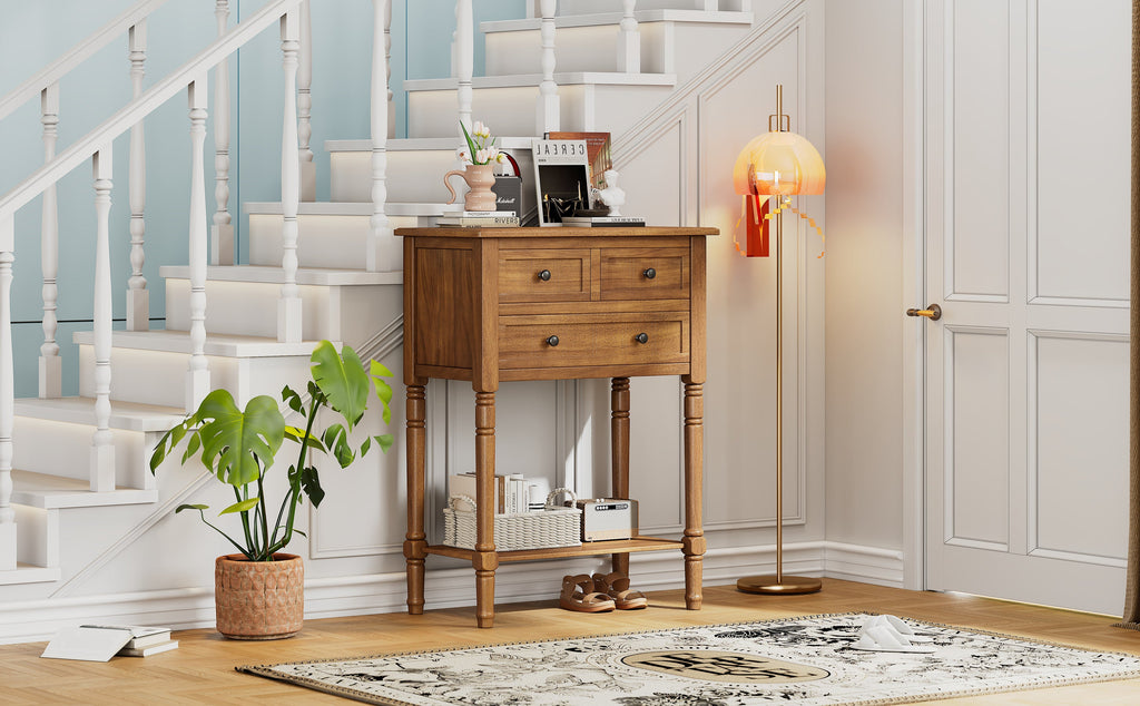 TREXM Narrow Console Table, Slim Sofa Table with Three Storage Drawers and Bottom Shelf (Natural)