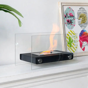 14in L portable tabletop fireplace; black metal body with clear glass panels, gel/ethanol fuel, by JHY DESIGN.