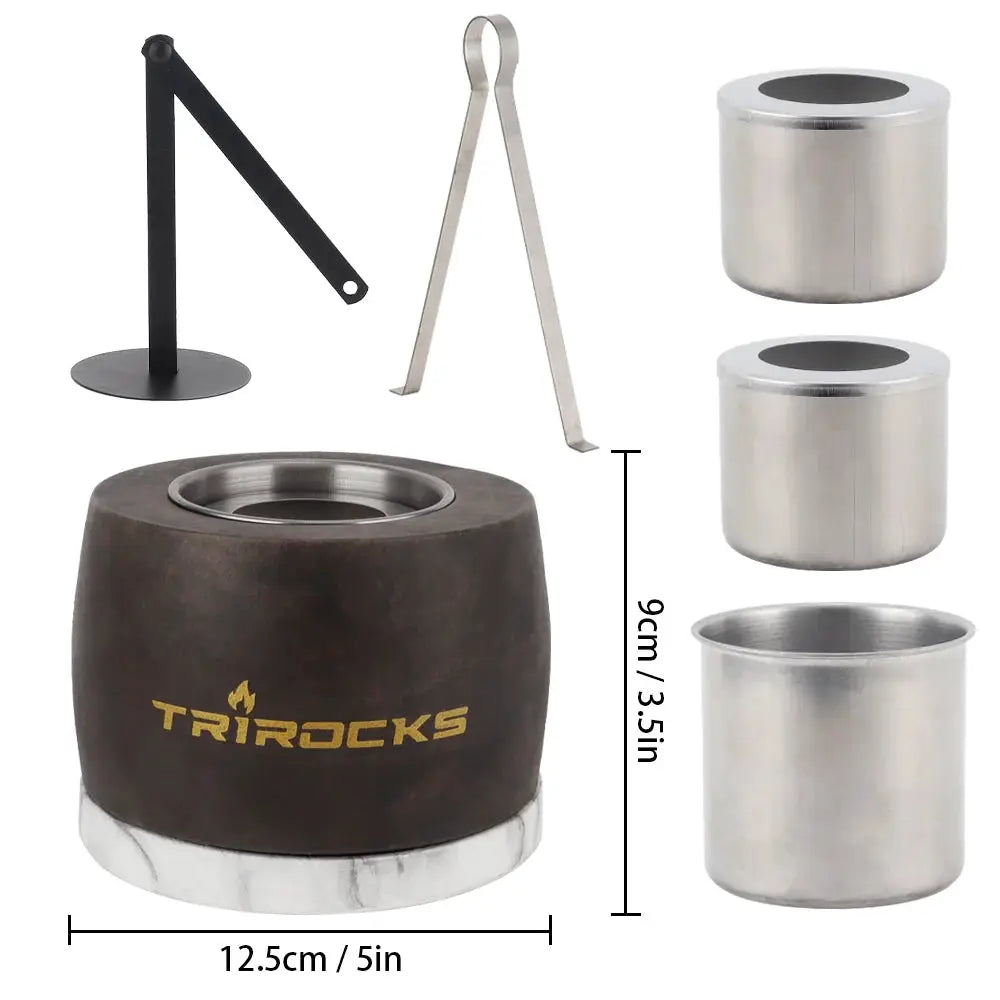 Black graphite cement portable gel/ethanol fireplace by TRIROCKS, with poker, tongs and three stainless fuel cups.