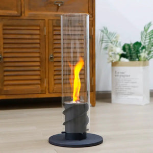 17''H Clean-Burning Bio Ethanol Ventless Fireplace with glass cylinder and black spiral burner on a round base