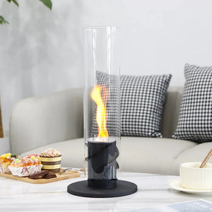 JHY DESIGN 17''H clean-burning bioethanol ventless fireplace with a tall glass cylinder and black base