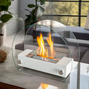 13.5-inch L portable tabletop gel & ethanol fireplace in white with a clear glass arc and flame