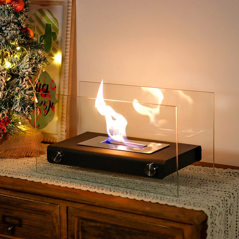 JHY DESIGN 14-inch rectangular tabletop fire bowl pot with glass wind guard on black base and visible flame