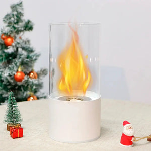 JHY DESIGN portable tabletop firepit, cylindrical glass flame tube atop a white base.