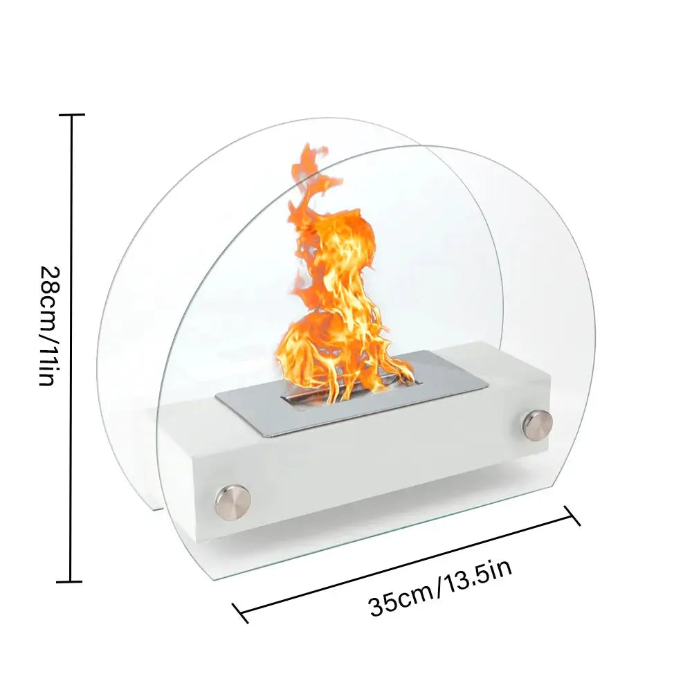 13.5-inch L portable tabletop fireplace by JHY DESIGN in white with clear curved glass panels and flame.