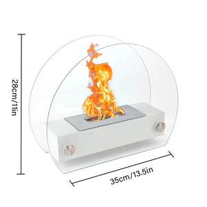 13.5-inch L portable tabletop fireplace by JHY DESIGN in white with clear curved glass panels and flame.