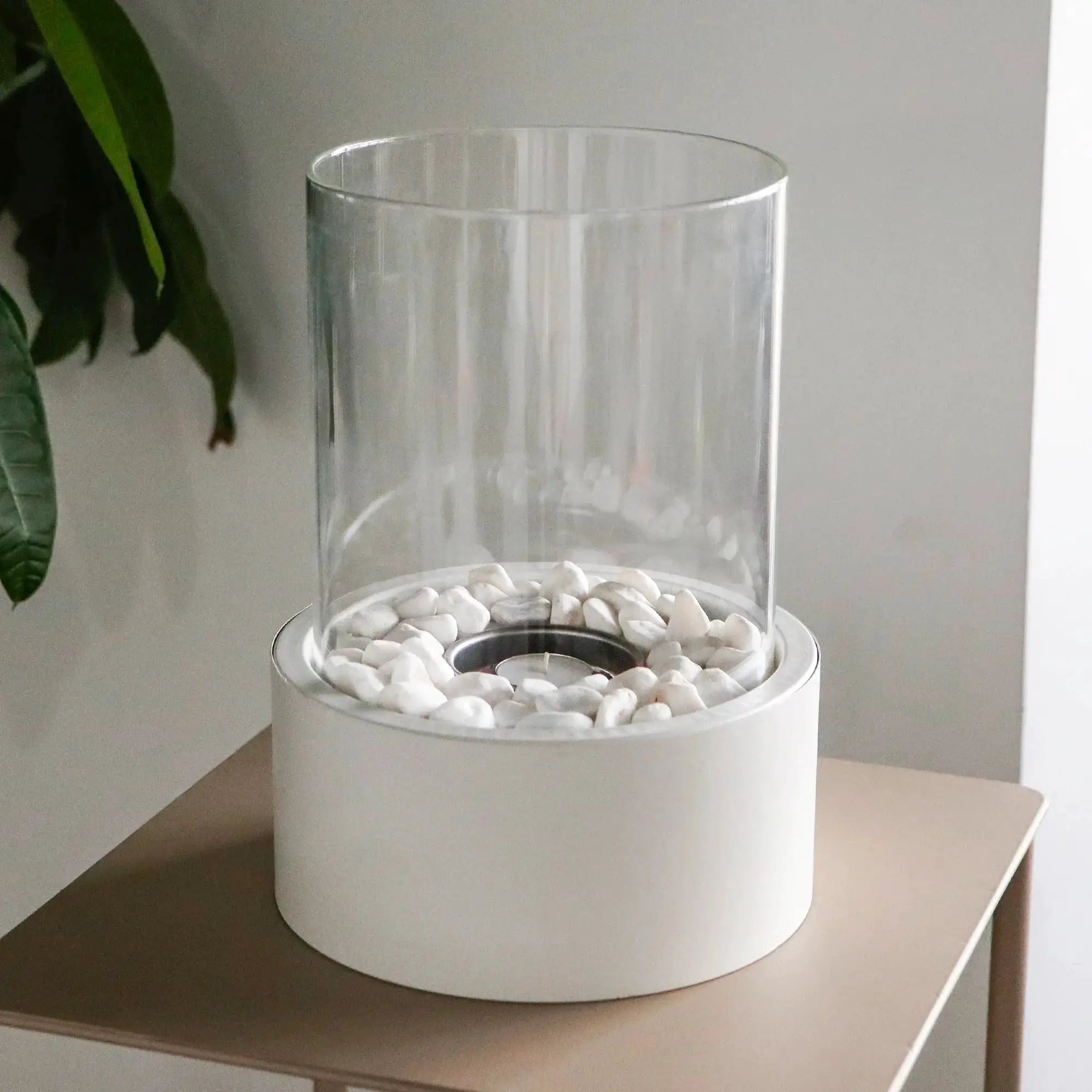 11-inch Tabletop Fire Bowl Pot Fireplace with clear glass cylinder and white stones.