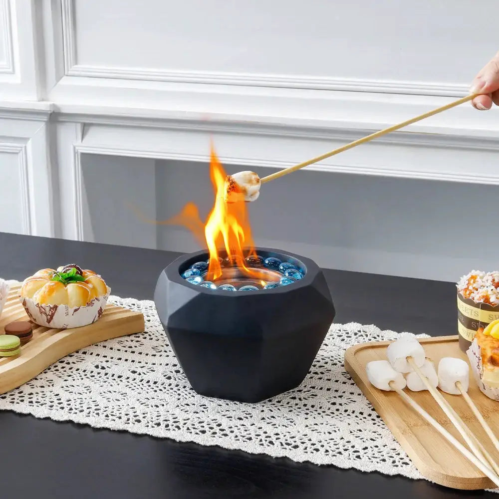 6x4 Portable Cement Tabletop Fireplace with black base and blue glass stones
