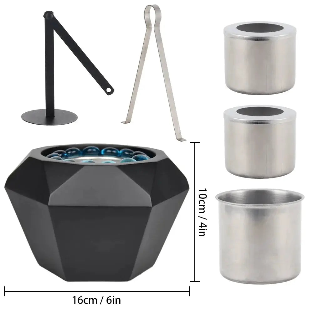 JHY DESIGN portable cement tabletop fireplace with black faceted base and 3 stainless steel fuel cups