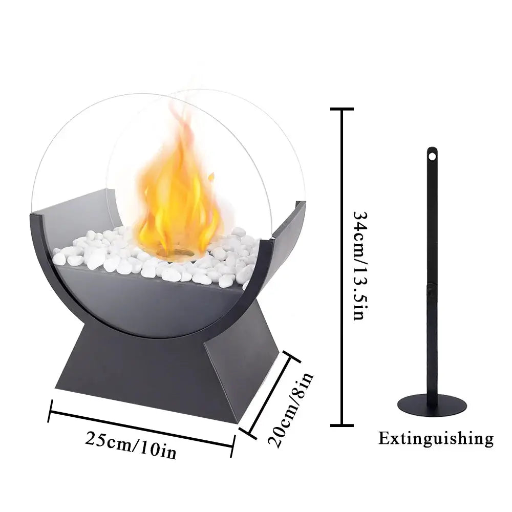 13.5-inch portable tabletop fireplace with round glass guard, black base, white stones, and extinguishing tool.