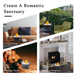 Portable tabletop fireplace by JHY DESIGN, 13.5-in tall with round glass insert and white stones, shown in 4 settings.