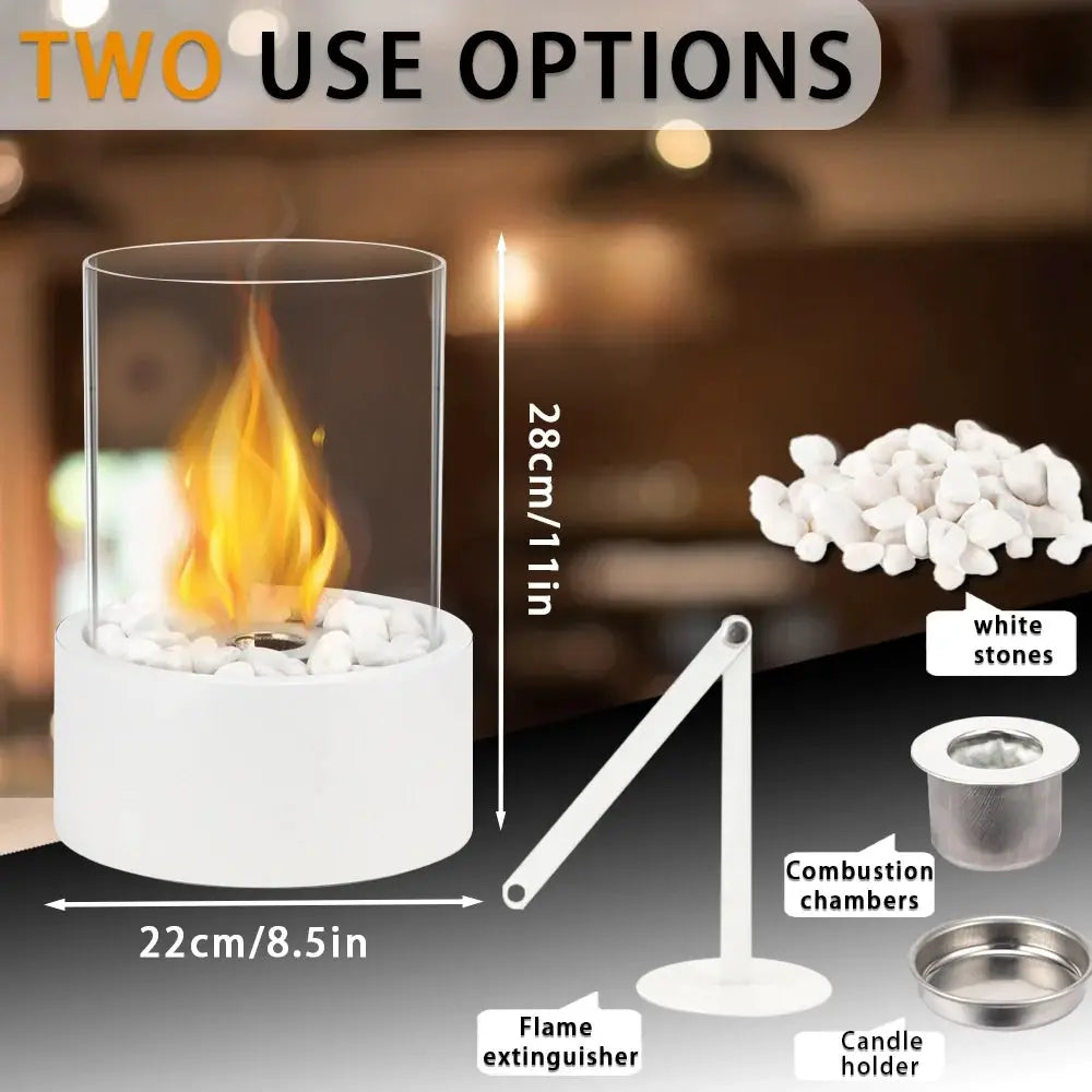 Extra Large Portable Tabletop Fire Bowl JHY DESIGN, bio-ethanol ventless, 22x28 cm with white stones and glass shield