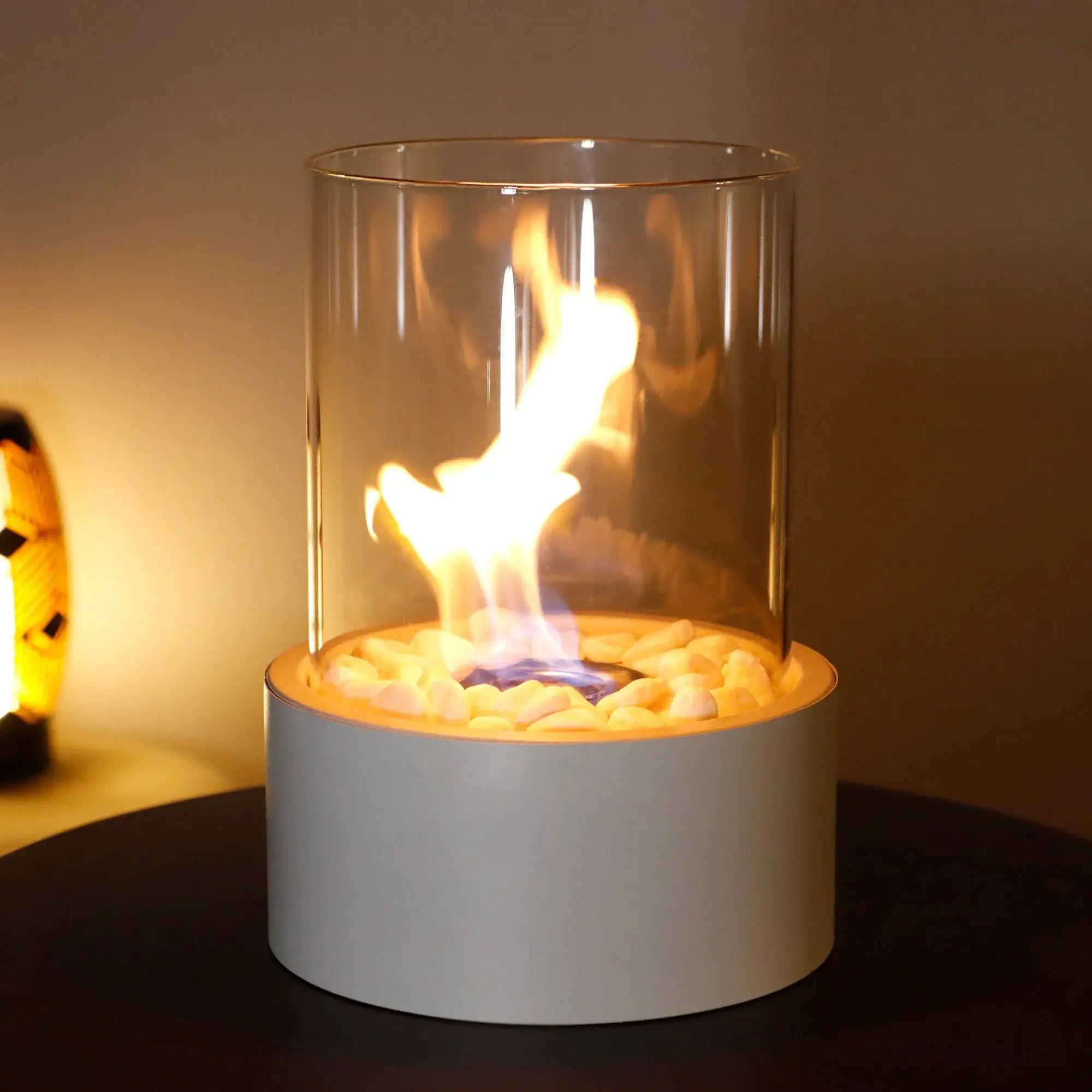 Extra Large Portable Tabletop Fire Bowl 22x28cm by JHY DESIGN, clear glass cylinder with pebbles and ethanol flame