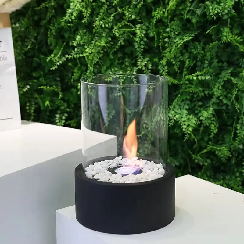 JHY DESIGN extra-large portable table-top bio-ethanol fire bowl with clear glass chimney and white stones