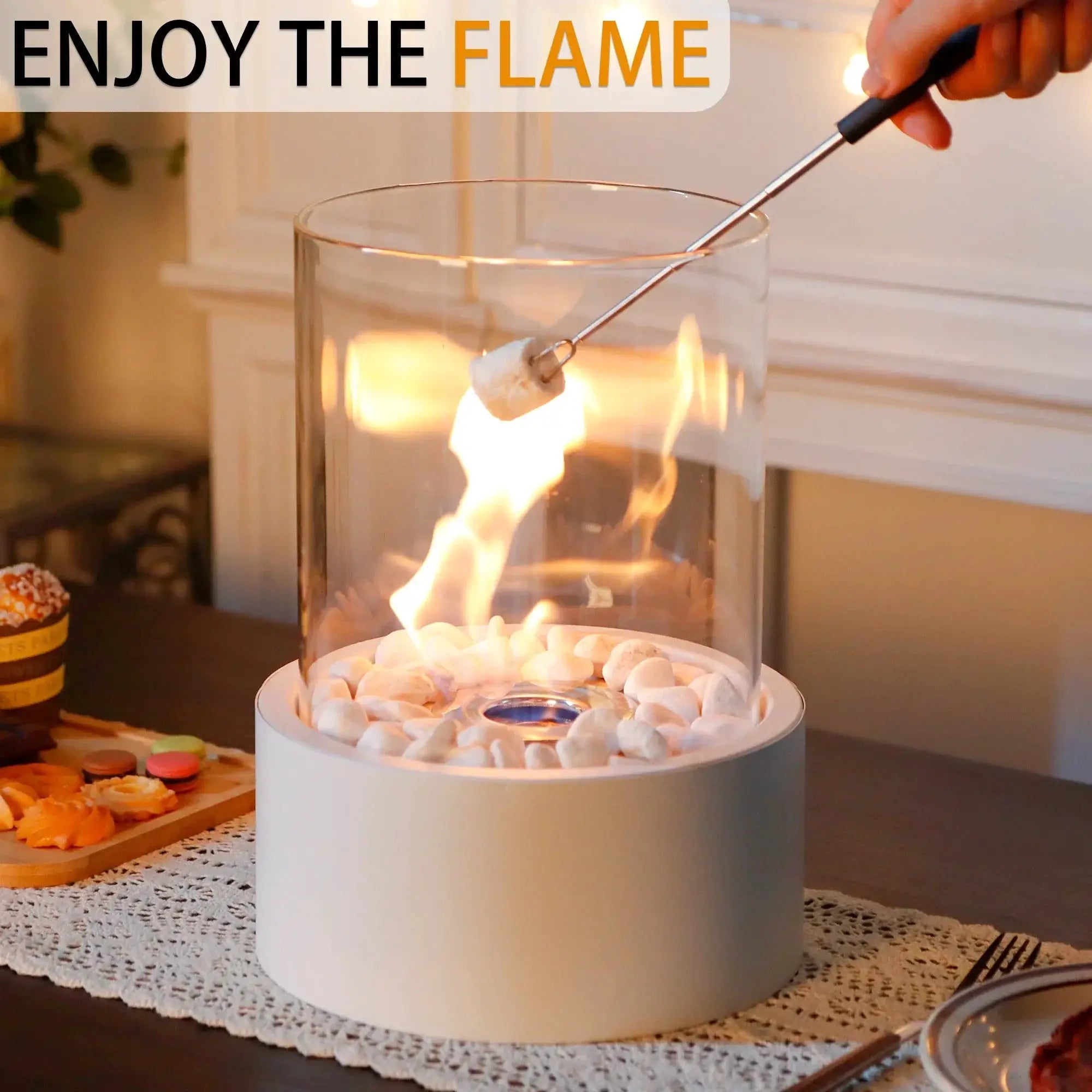 JHY DESIGN tabletop fire bowl, extra-large, glass cylinder with white rocks and bio-ethanol flame