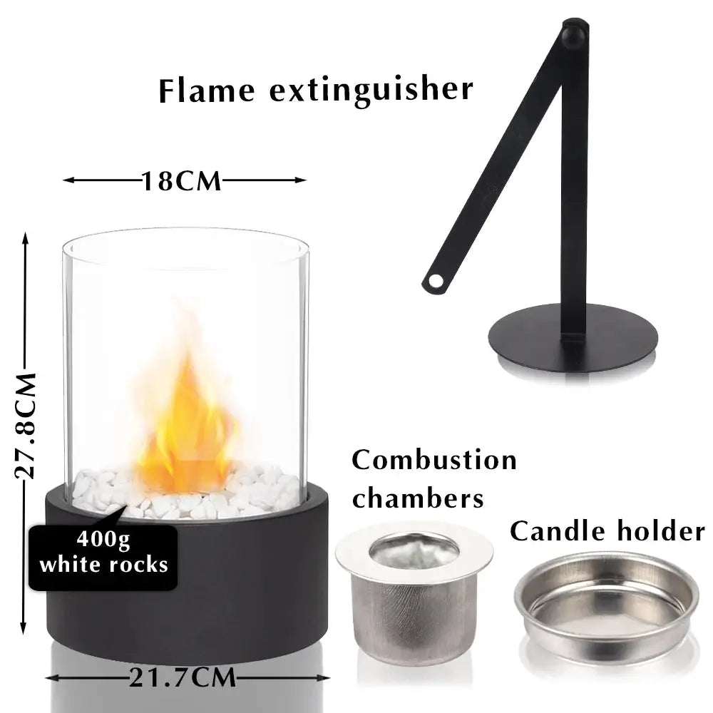 JHY DESIGN Extra Large Portable Tabletop Fire Bowl with glass cylinder, black base, 400g white rocks.