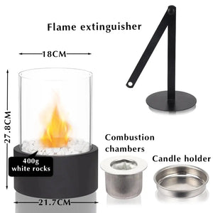 JHY DESIGN Extra Large Portable Tabletop Fire Bowl with glass cylinder, black base, 400g white rocks.