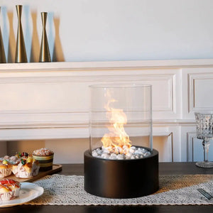 Extra-large portable tabletop bio-ethanol fire bowl by JHY DESIGN with glass cylinder and white pebbles