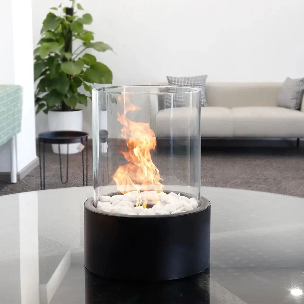 JHY DESIGN extra large tabletop fire bowl with glass cylinder and white stones, ventless bio-ethanol.