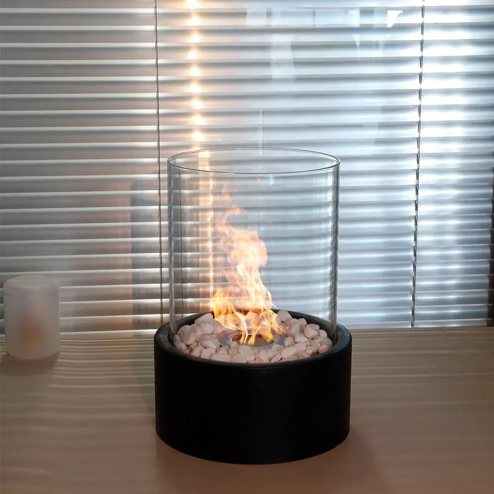 Extra Large Portable Tabletop Fire Bowl by JHY DESIGN with glass cylinder and white stones