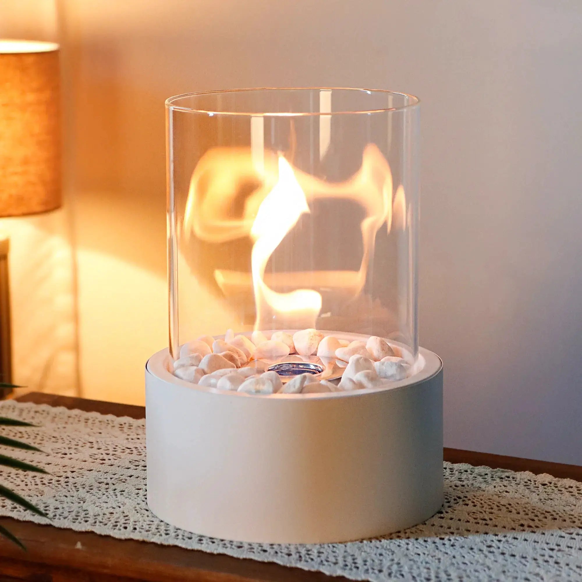 11-inch Tabletop Fire Bowl Pot Fireplace by JHY DESIGN; white base with glass hurricane and white pebbles
