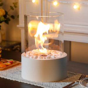 JHY DESIGN 11H Large Tabletop Fire Bowl Pot Fireplace, clear glass cylinder with stone bed on white base.