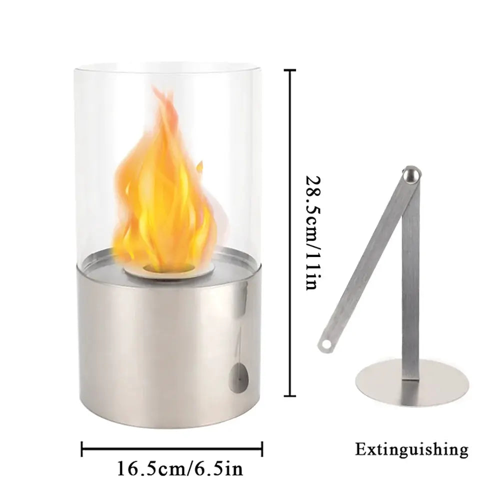 11.5-inch table-top fire bowl fireplace by JHY DESIGN with stainless steel base and clear glass cylinder