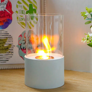 11.5-inch Tabletop Fire Bowl Fireplace by JHY DESIGN; white base, clear glass cylinder, gel/ethanol flame.