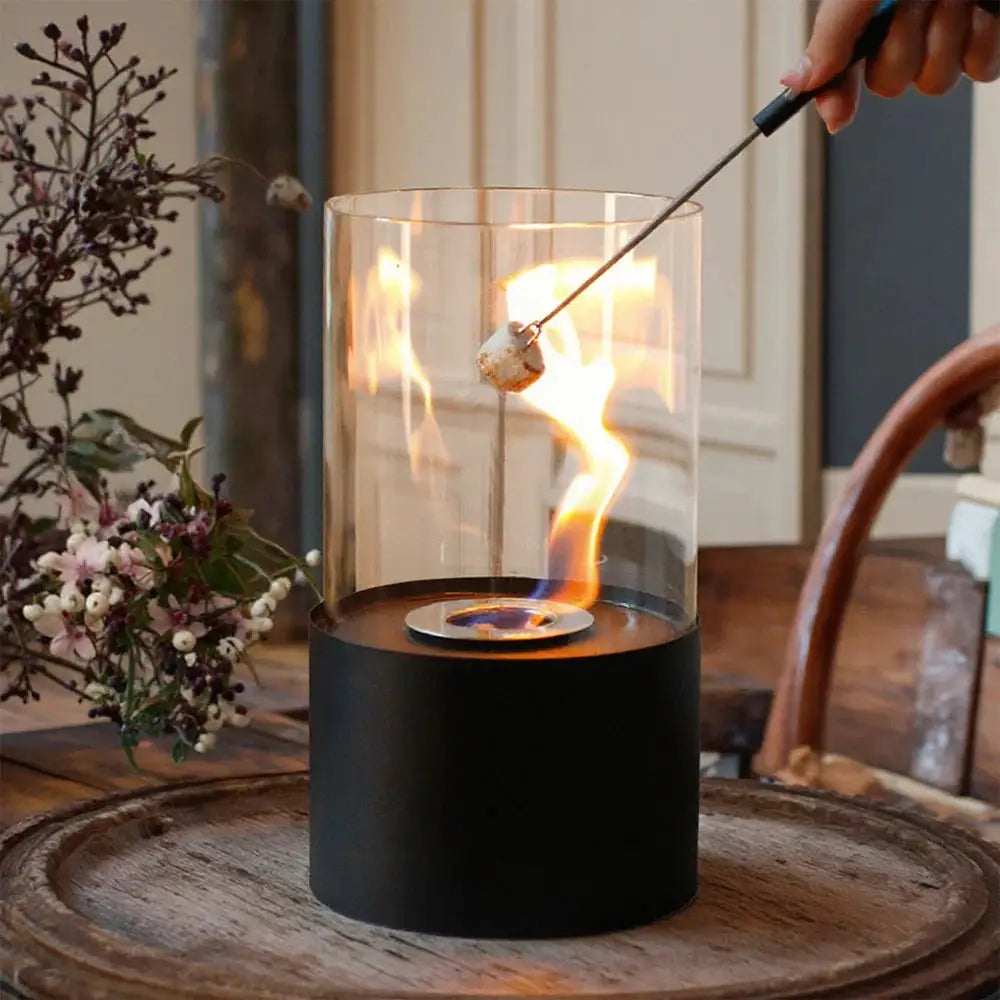 11.5inch Tabletop Fire Bowl by JHY DESIGN, glass enclosure over black base with a radiant flame.