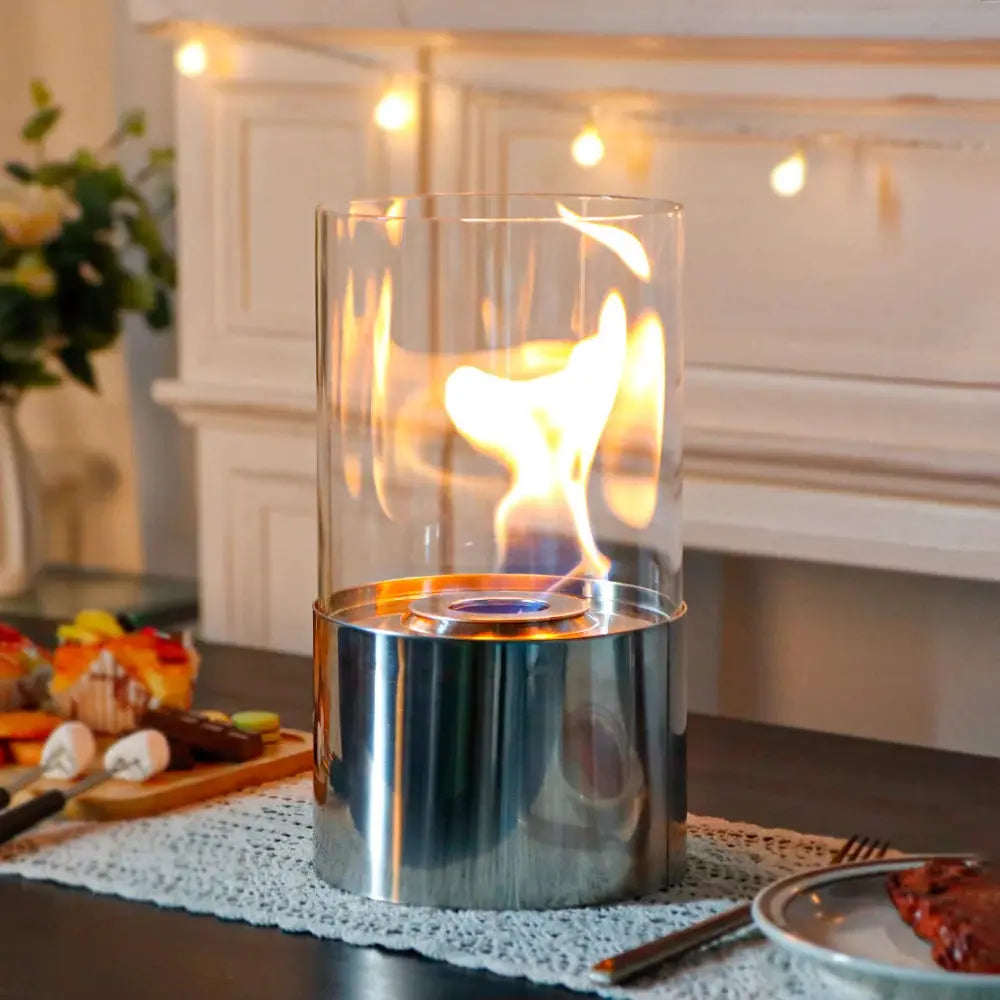 Tabletop fire bowl by JHY DESIGN, 11.5in, glass cylinder over stainless steel base with live flame