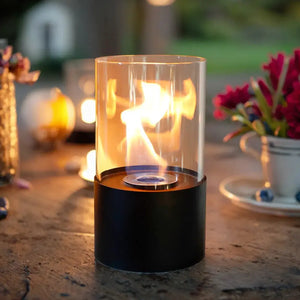 11.5-inch tabletop fire bowl fireplace by JHY DESIGN with glass cylinder and black base
