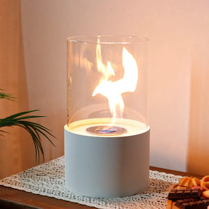 11.5-inch table-top fire bowl fireplace by JHY DESIGN with glass dome and light-blue base