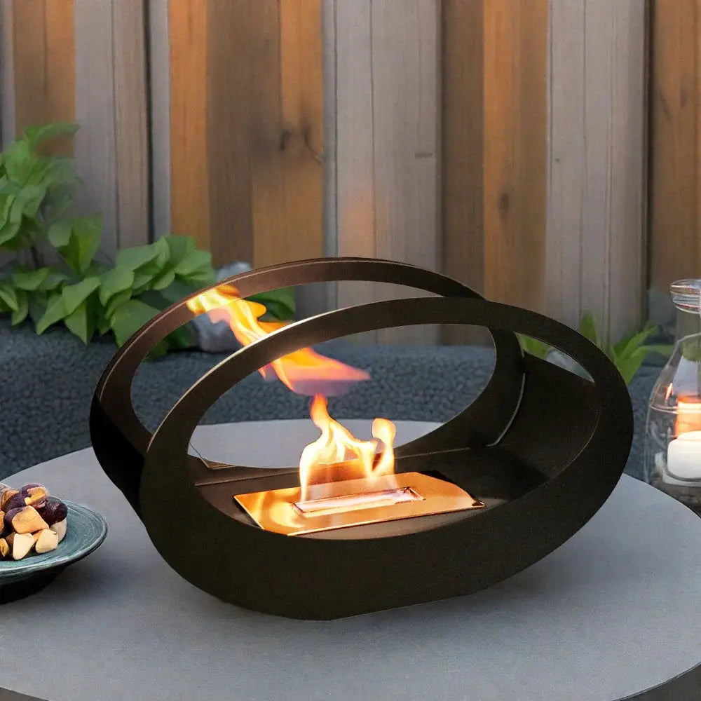 JHY DESIGN black metal tabletop fireplace, 16x9.5 in, circular ring design with gel/ethanol flame