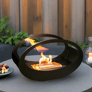 JHY DESIGN black metal tabletop fireplace, 16x9.5 in, circular ring design with gel/ethanol flame