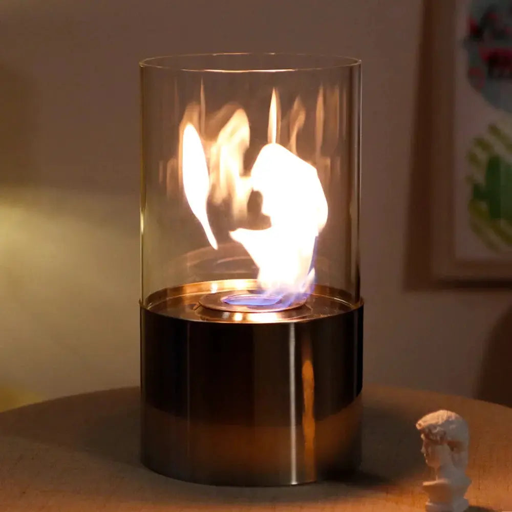 11.5in tabletop fire bowl gel & ethanol fireplace with glass windscreen and metallic base, glowing flame